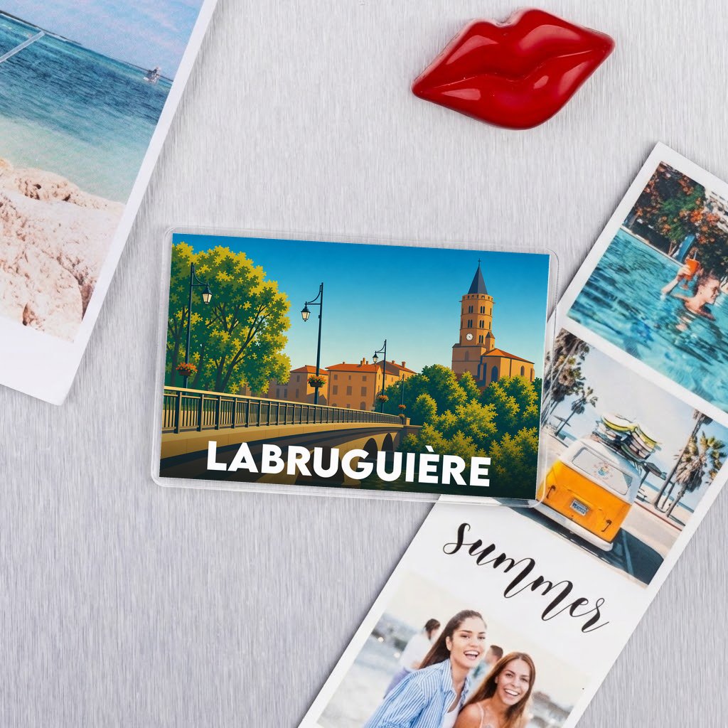 Magnet souvenir de la ville de Labruguière avec une illustration stylisée.