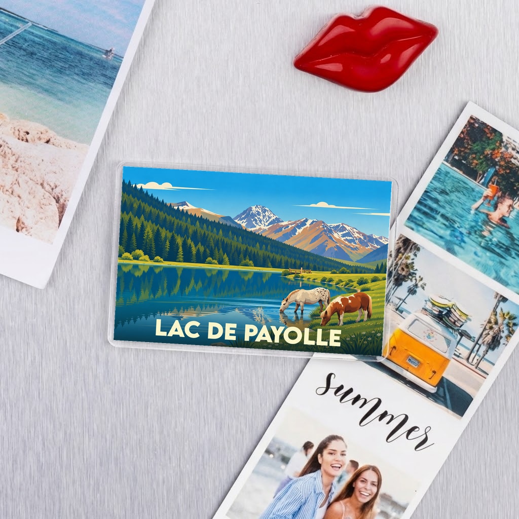 Magnet souvenir du Lac de Payolle avec une illustration stylisée de montagnes et de chevaux.