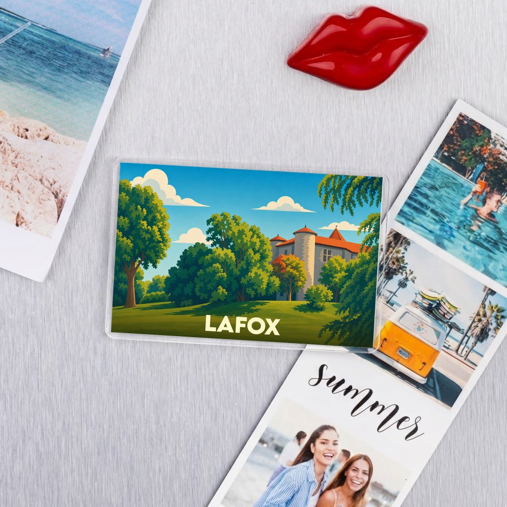 Magnet souvenir de la ville de Lafox avec une illustration stylisée.
