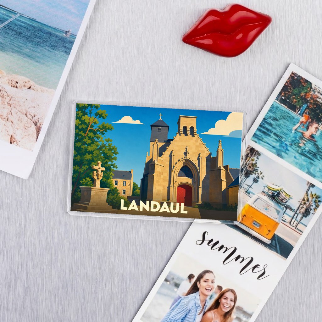 Magnet souvenir de la ville de Landaul avec une illustration stylisée de son église.