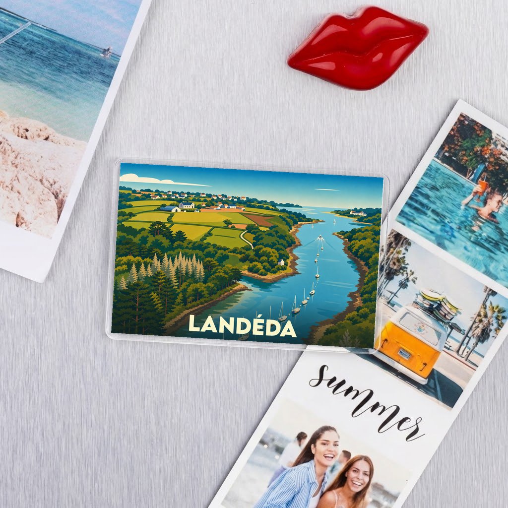 Magnet souvenir de la ville de Landéda avec une illustration stylisée d'un paysage côtier.
