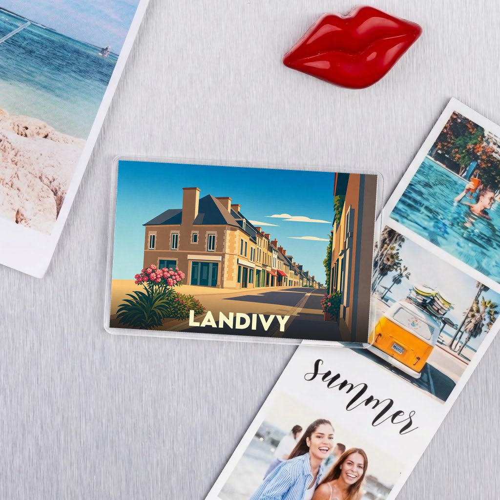 Magnet souvenir de la ville de Landivy avec une illustration stylisée.
