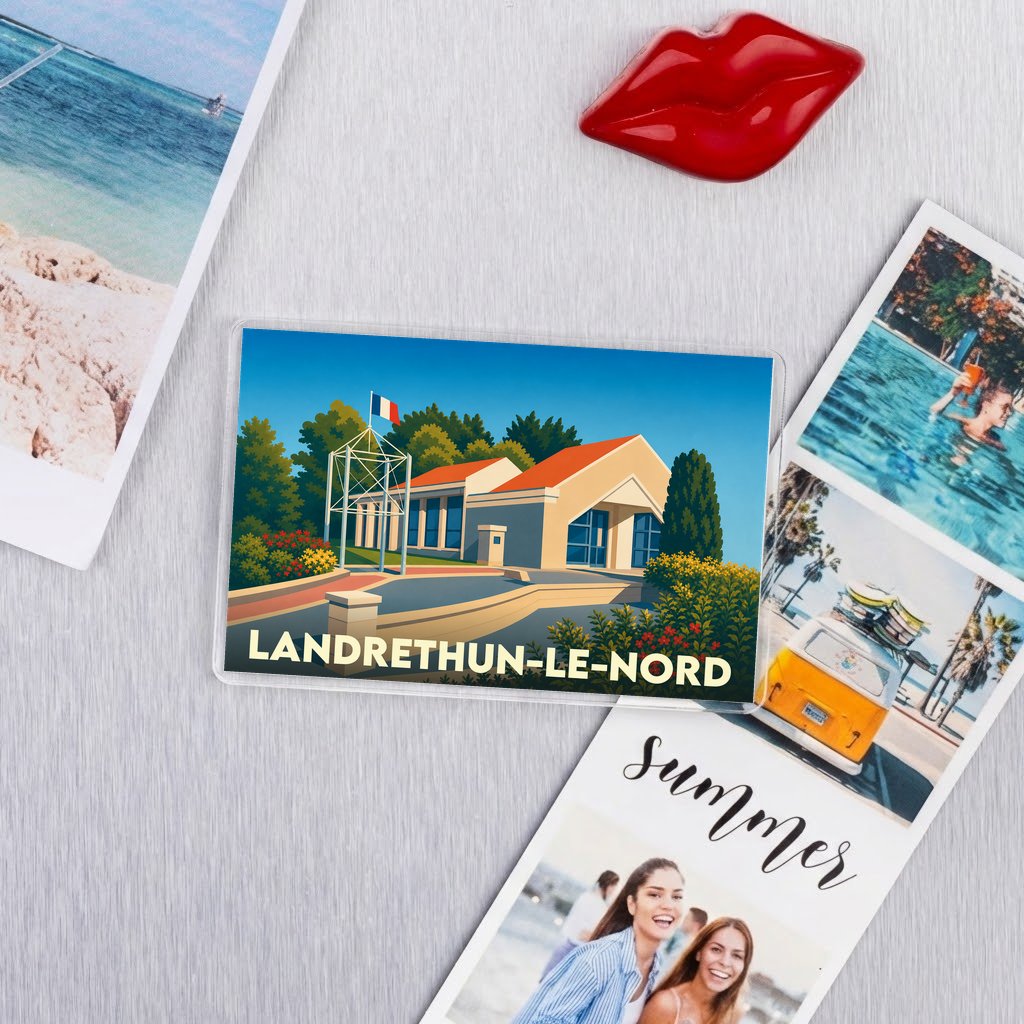 Magnet souvenir de la ville de Landrethun-le-Nord avec une illustration stylisée d'un bâtiment emblématique.