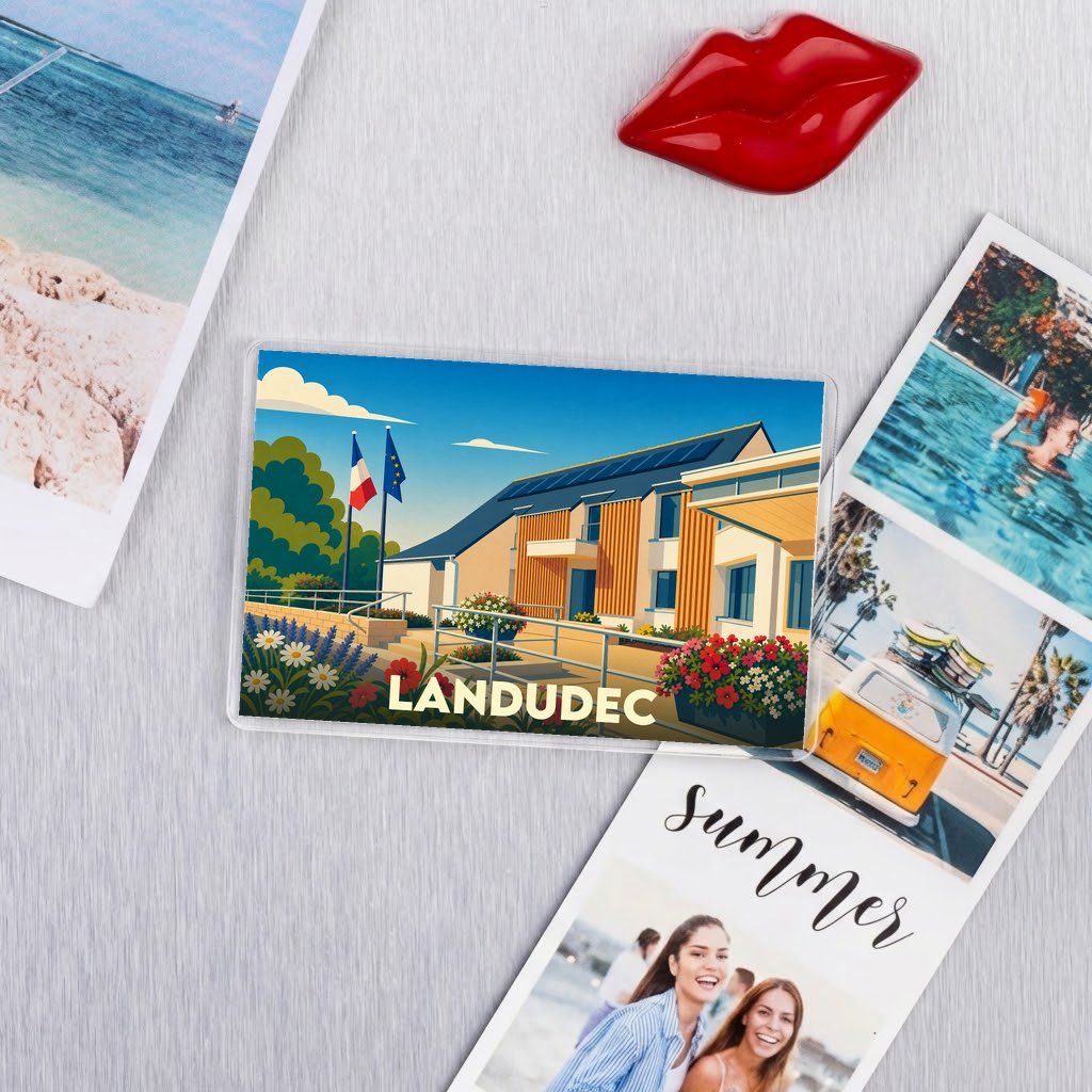 Magnet souvenir de la ville de Landudec avec une illustration stylisée d'un bâtiment moderne sous un ciel ensoleillé.