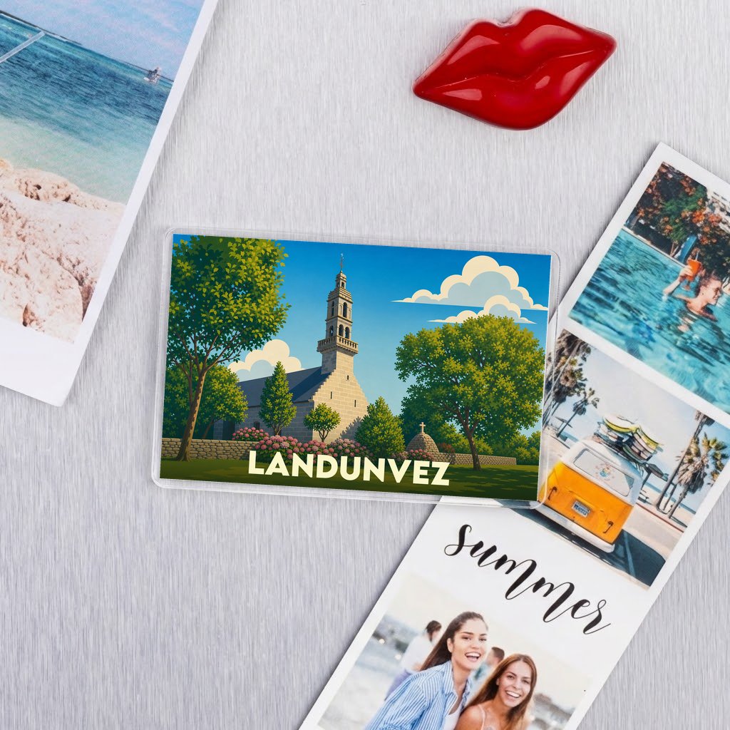 Magnet souvenir de la ville de Landunvez avec une illustration stylisée d'une église bretonne sous un ciel bleu.