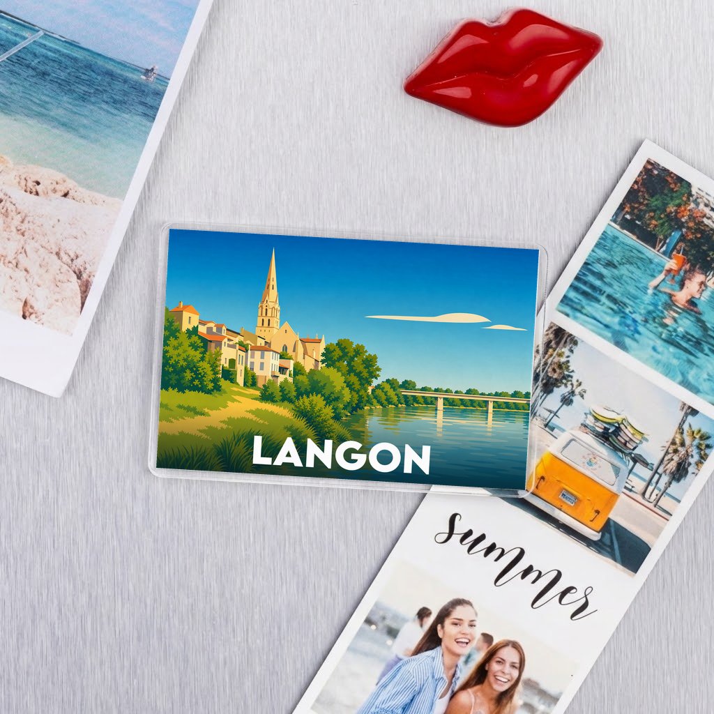 Magnet souvenir de la ville de Langon avec une illustration stylisée.