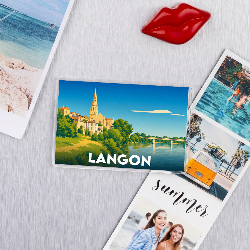 Magnet souvenir de la ville de Langon avec une illustration stylisée.