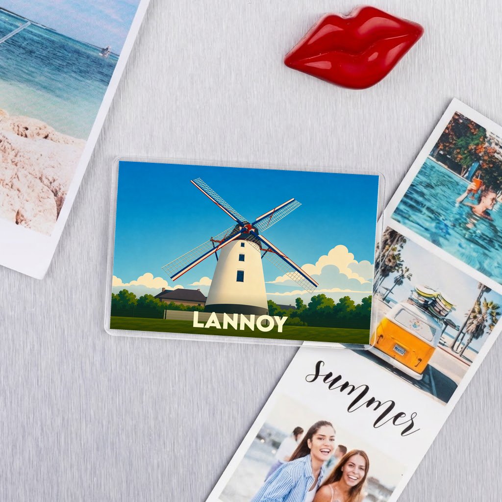 Magnet souvenir de la ville de Lannoy avec une illustration stylisée d'un moulin.
