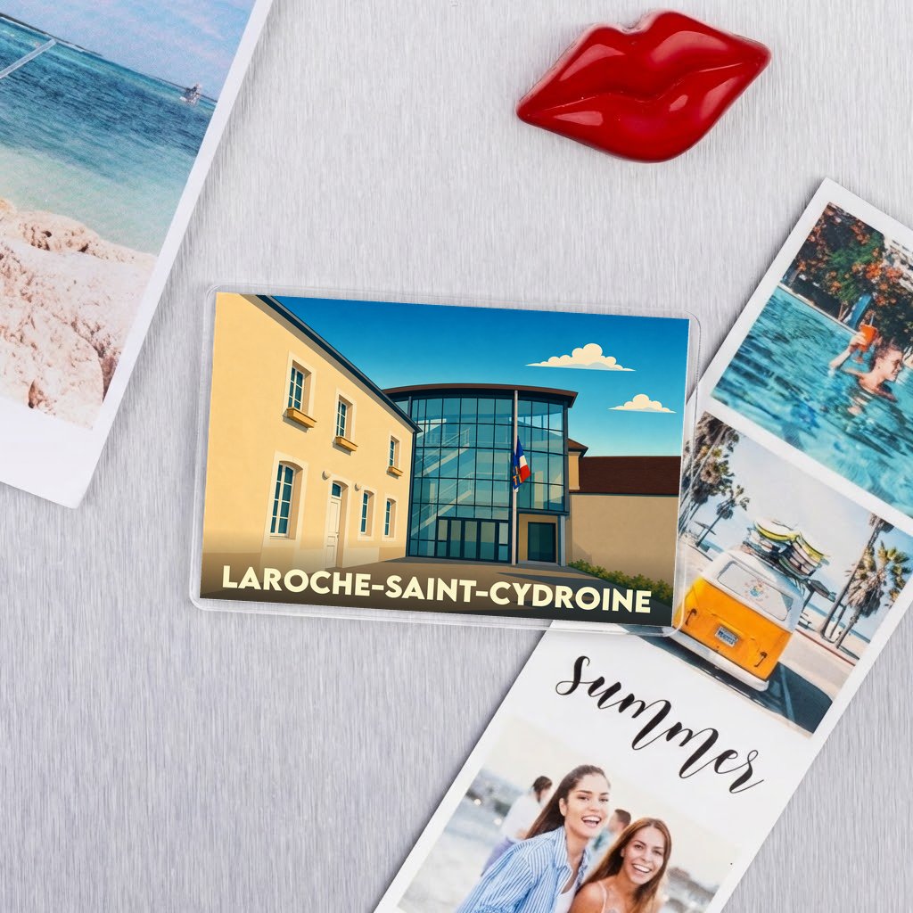 Magnet souvenir de la ville de Laroche-Saint-Cydroine avec une illustration stylisée de sa mairie.