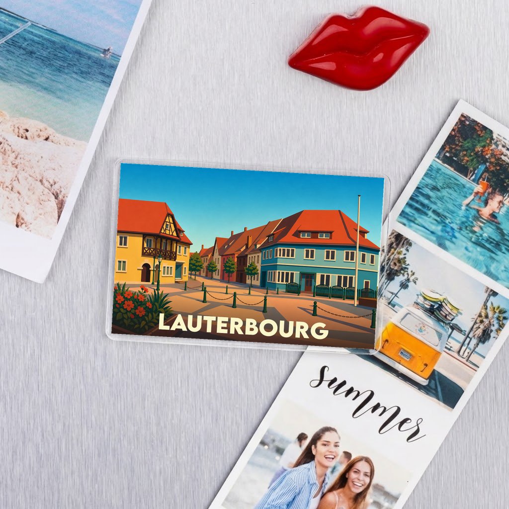 Magnet souvenir de la ville de Lauterbourg avec une illustration colorée et stylisée de ses bâtiments.