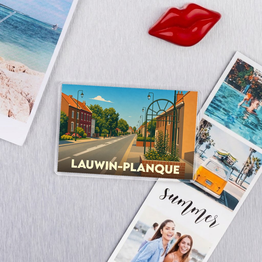 Magnet souvenir de la ville de Lauwin-Planque avec une illustration stylisée.