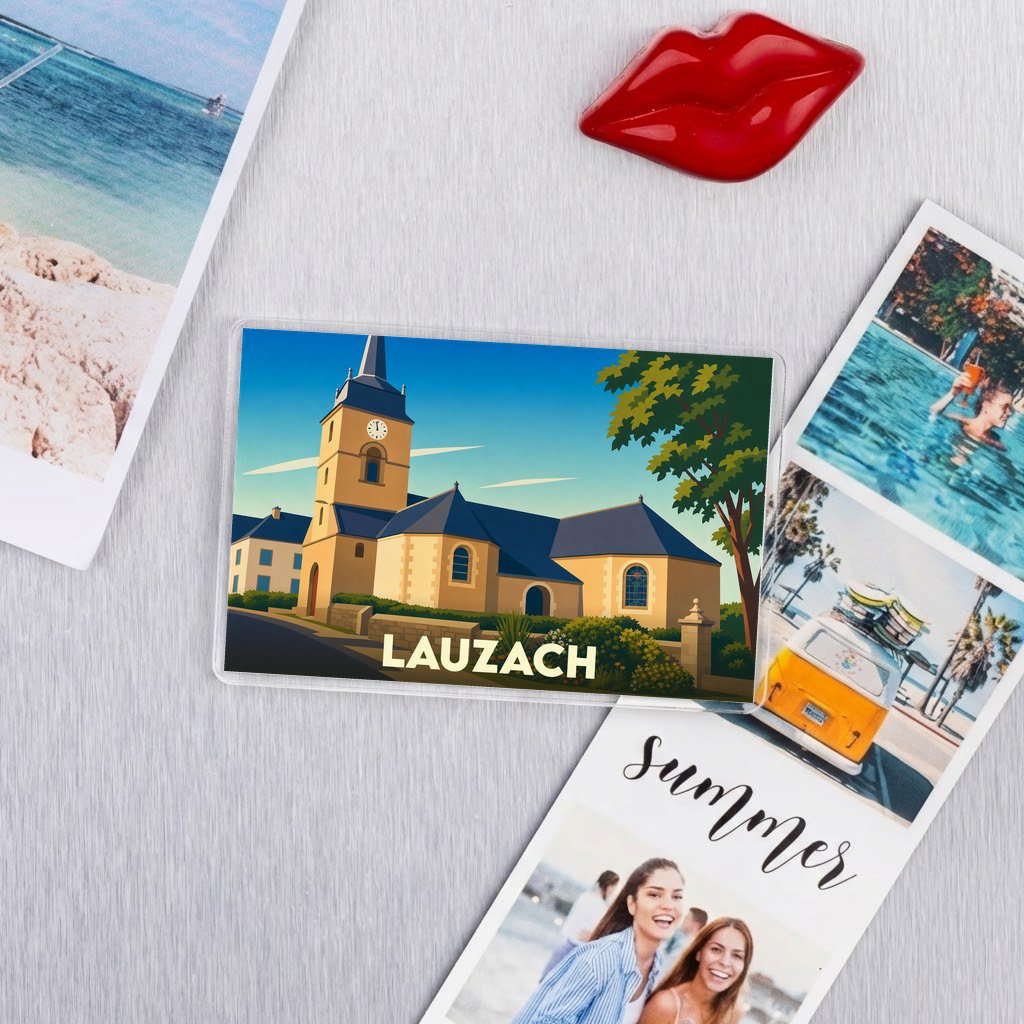Magnet souvenir de la ville de Lauzach avec une illustration stylisée de son église.