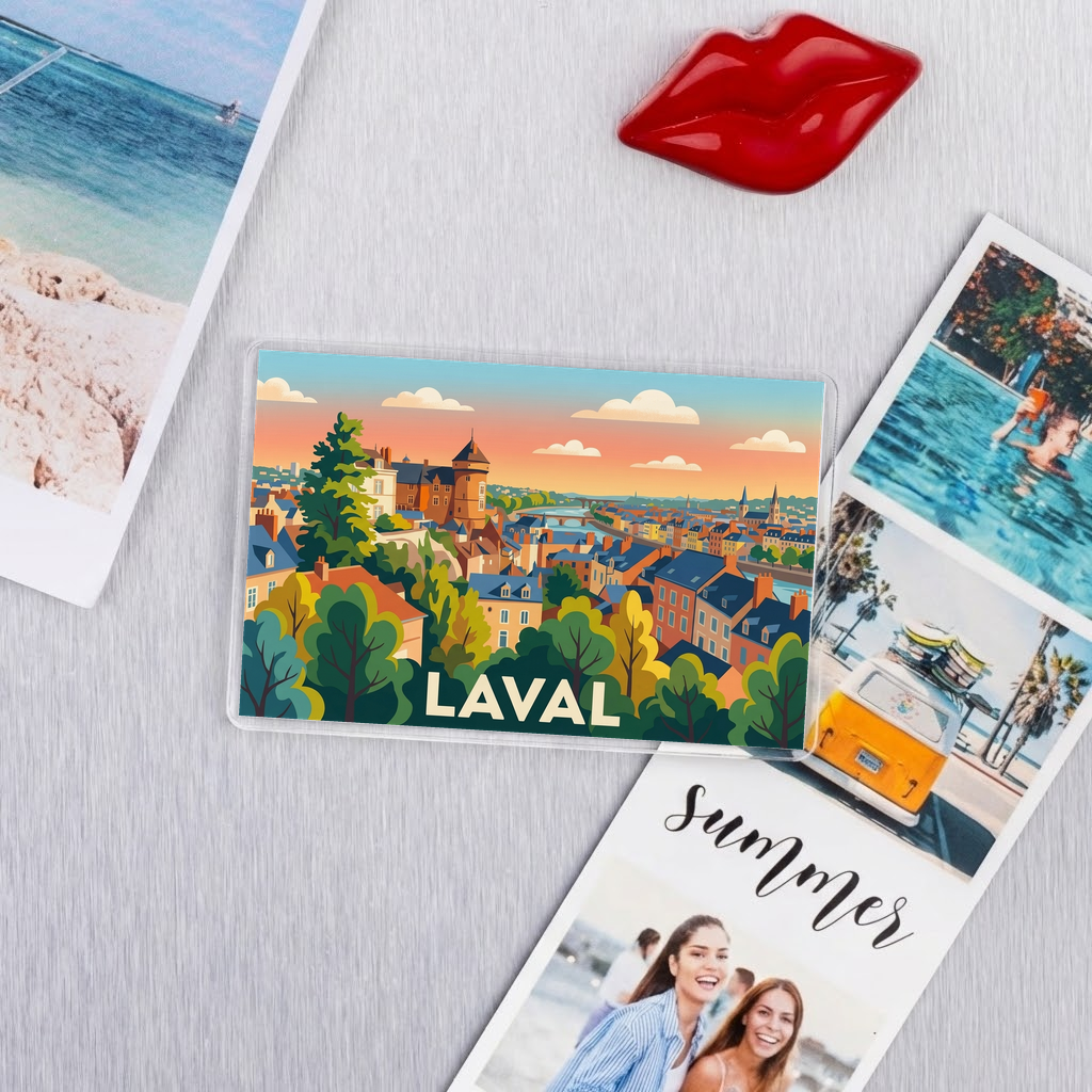 Magnet souvenir de la ville de Laval avec une illustration stylisée.