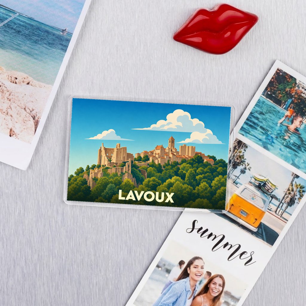 Magnet souvenir de la ville de Lavoux avec une illustration stylisée.