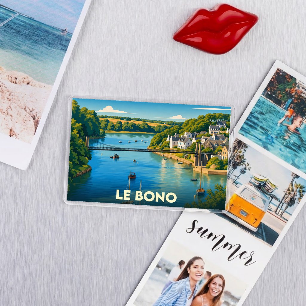 Magnet souvenir de la ville de Le Bono avec une illustration stylisée d'un pont suspendu sur une rivière.