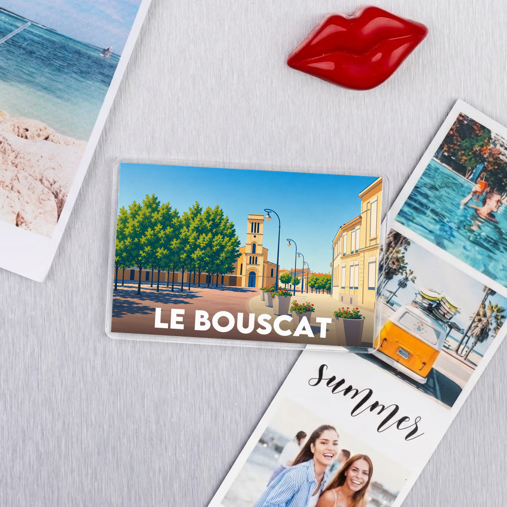 Magnet souvenir de la ville de Le Bouscat avec une illustration stylisée.