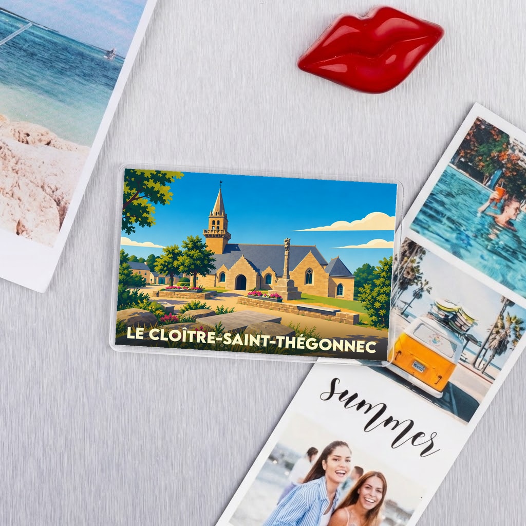 Magnet souvenir de la ville du Cloître-Saint-Thégonnec avec une illustration colorée de son église et de son calvaire.