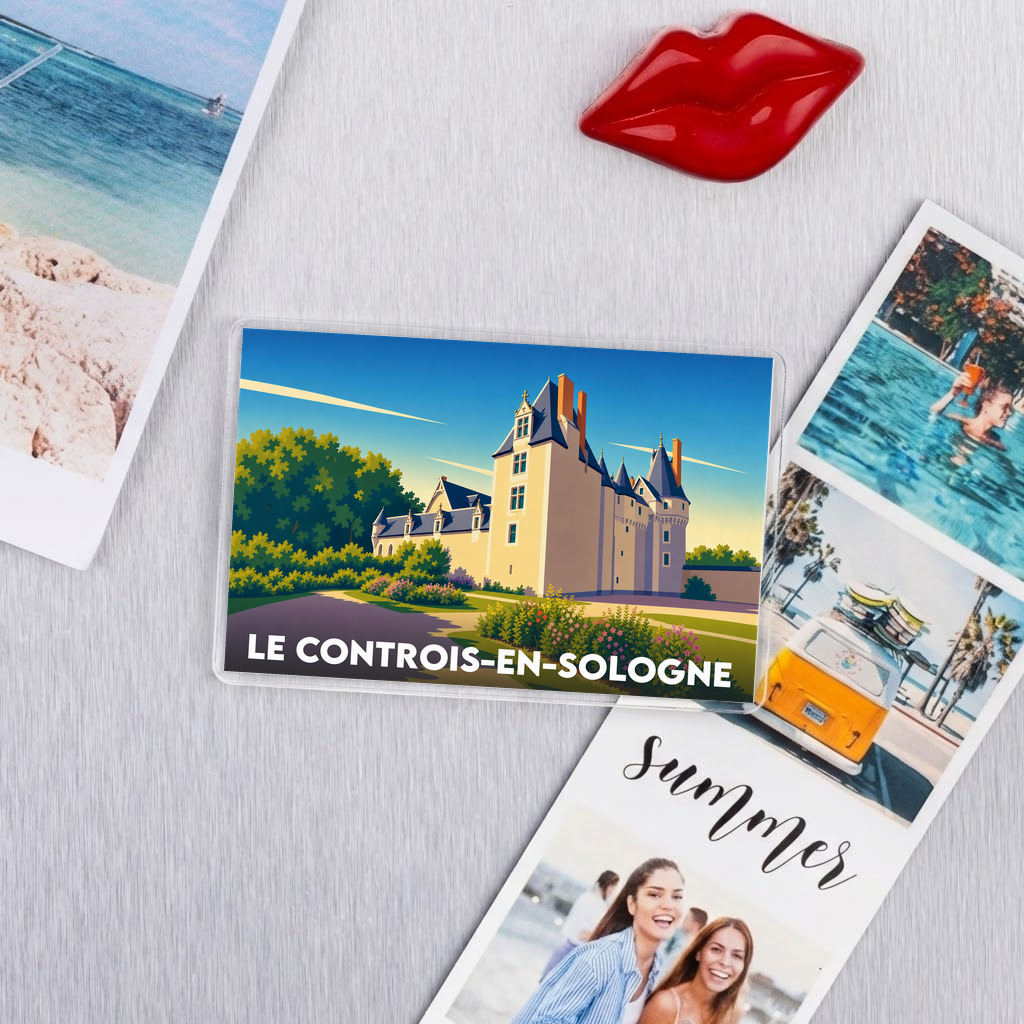 Magnet souvenir de la ville de Le Controis-en-Sologne avec une illustration stylisée de son château.