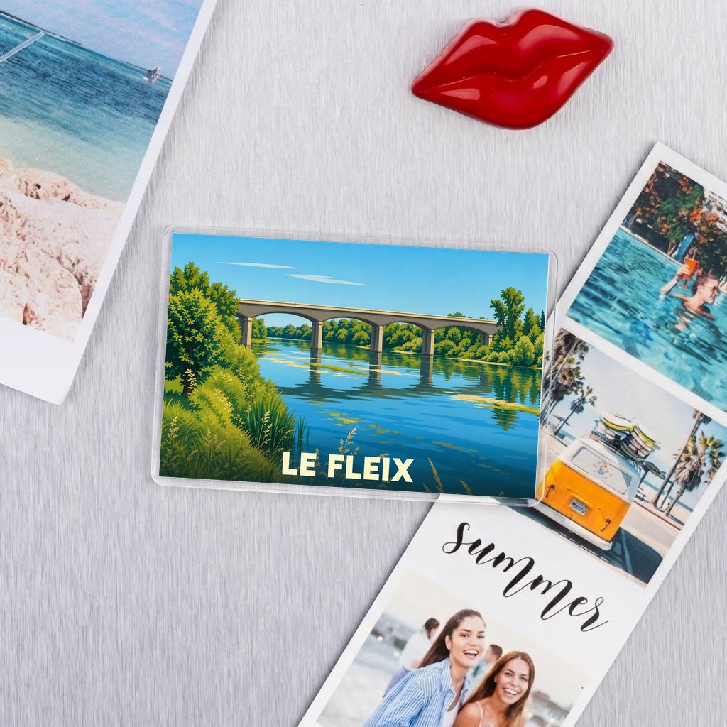 Magnet souvenir de la ville de Le Fleix avec une illustration stylisée de son pont sur la rivière.