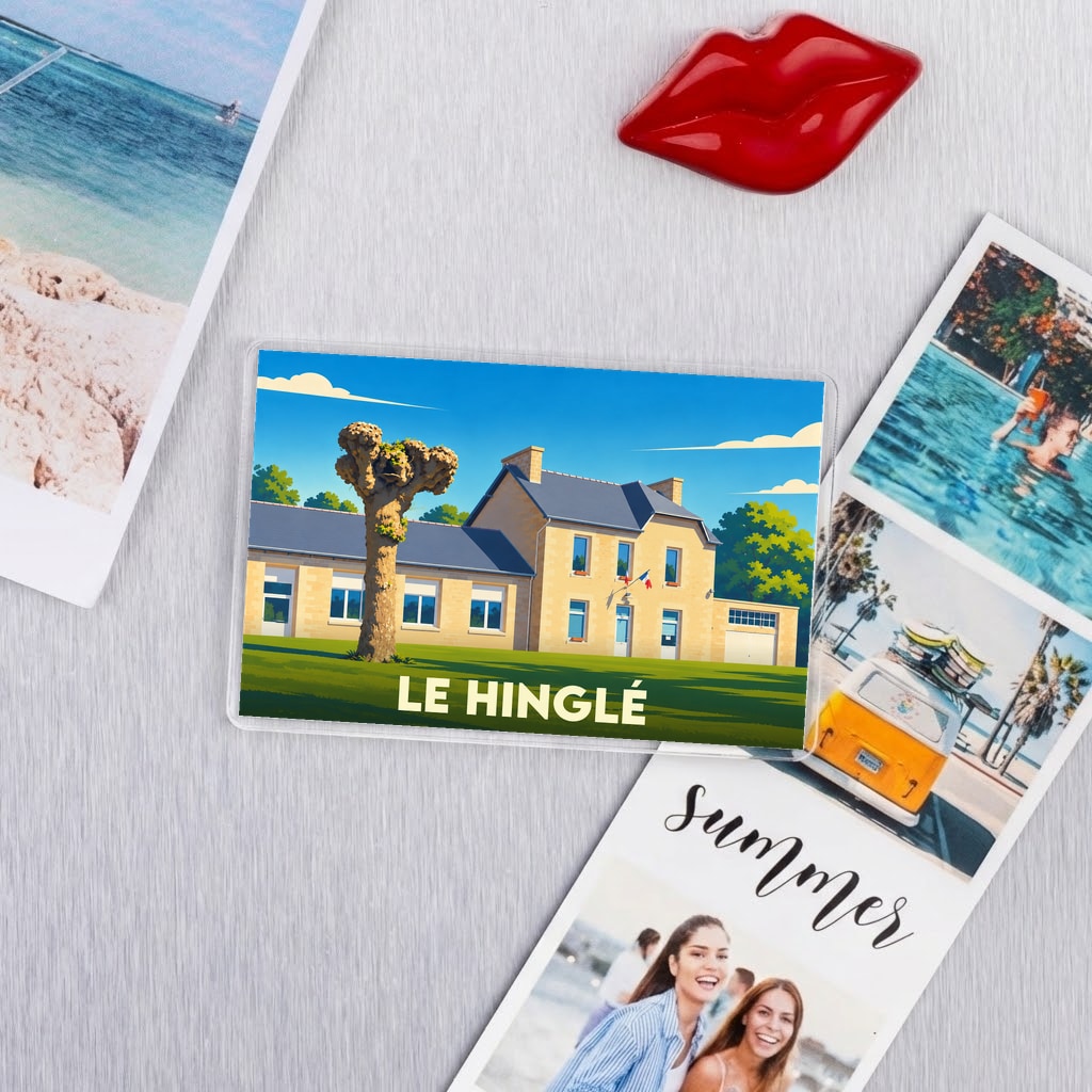 Magnet souvenir de la ville de Le Hinglé avec une illustration stylisée d'un bâtiment emblématique.