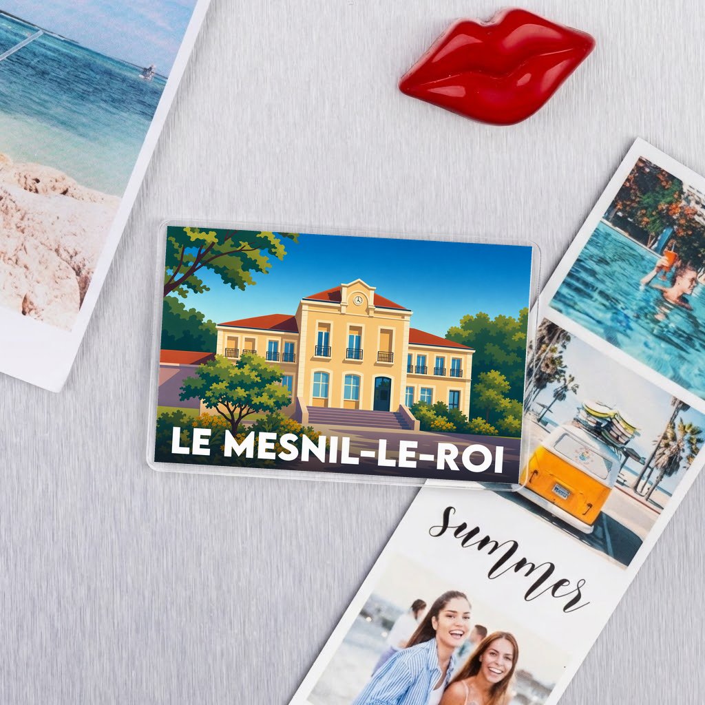 Magnet souvenir de la ville de Le Mesnil-le-Roi avec une illustration stylisée de la mairie.