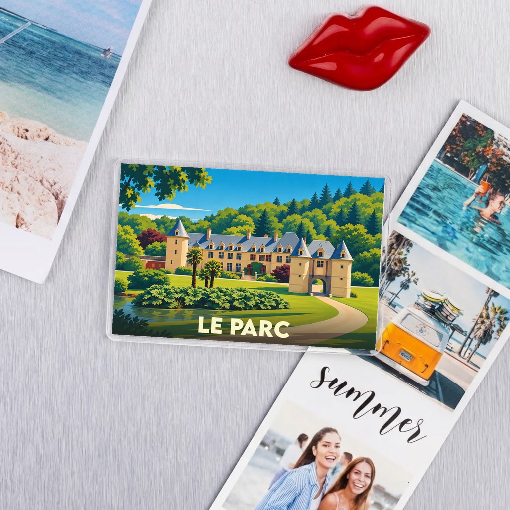 Magnet souvenir de la ville de Le Parc avec une illustration stylisée d'un château.