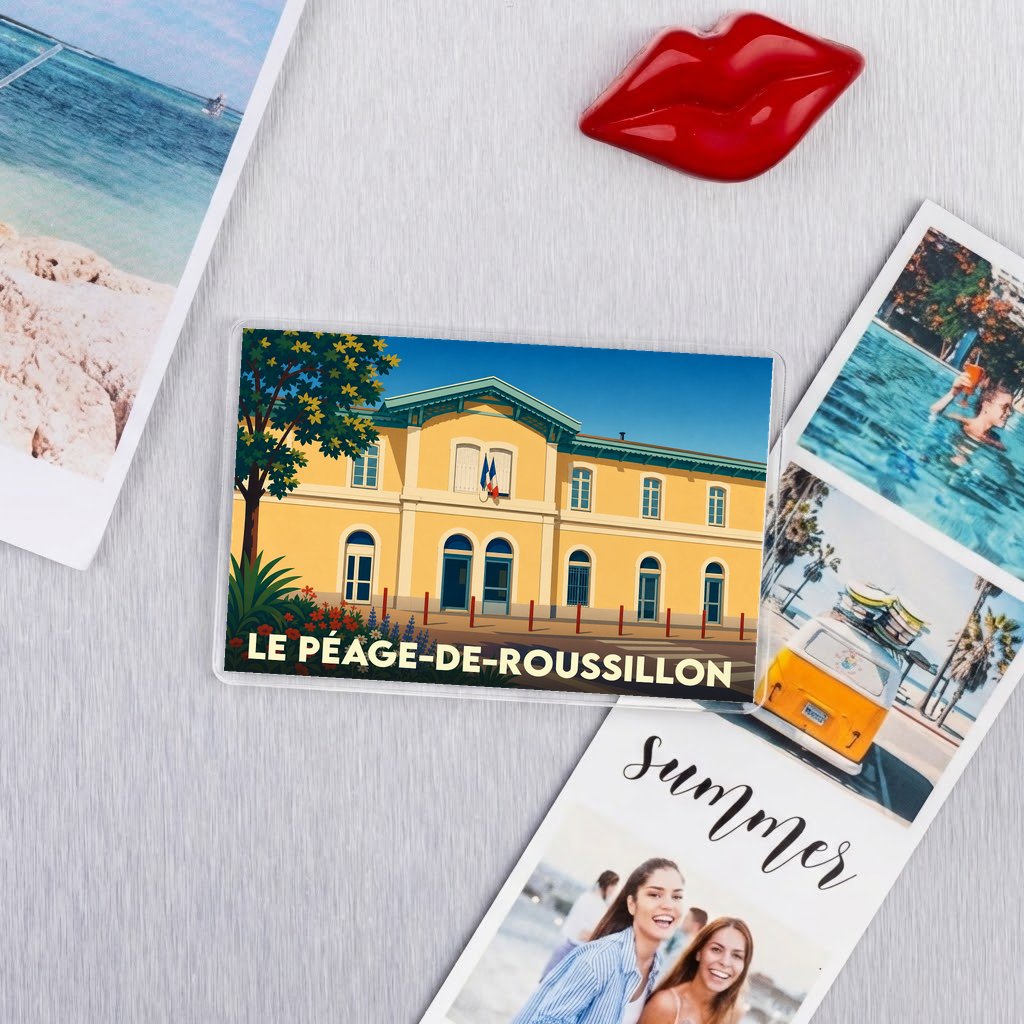 Magnet souvenir de la ville de Le Péage-de-Roussillon avec une illustration stylisée de sa gare.