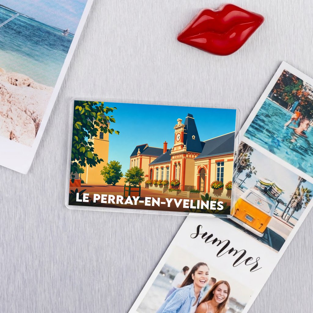Magnet souvenir de la ville de Le Perray-en-Yvelines avec une illustration stylisée de son hôtel de ville.