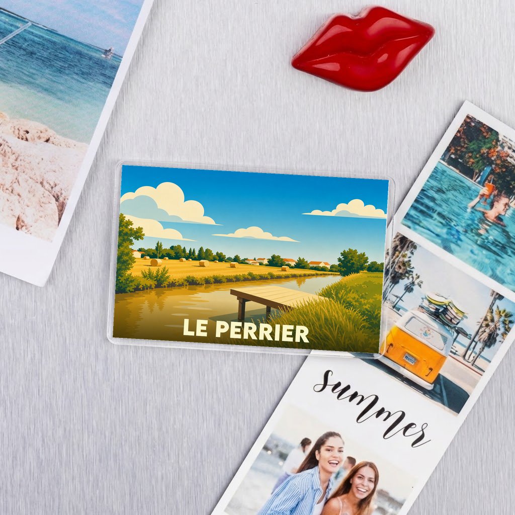 Magnet souvenir de la ville de Le Perrier avec une illustration bucolique stylisée.