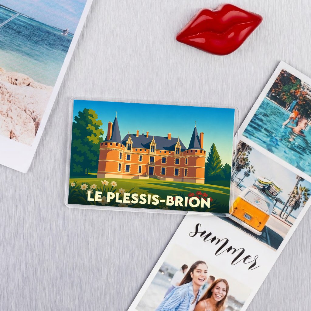 Magnet souvenir de la ville de Le Plessis-Brion avec une illustration stylisée de son château.