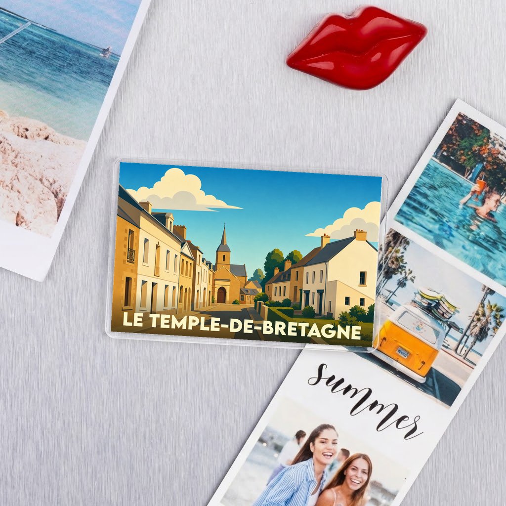 Magnet souvenir de la ville de Le Temple-de-Bretagne avec une illustration stylisée d'une rue typique.