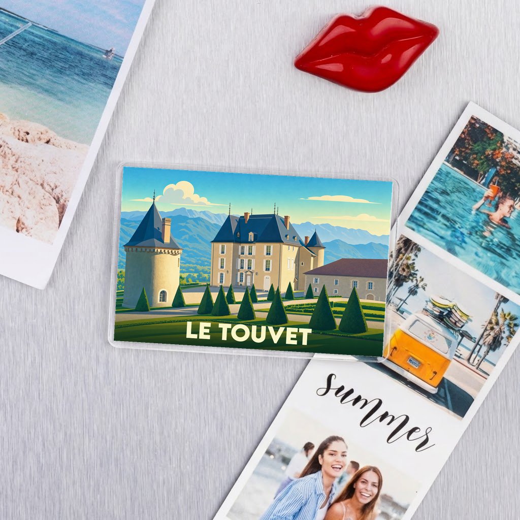 Magnet souvenir de la ville de Le Touvet avec une illustration stylisée du château et de ses jardins.