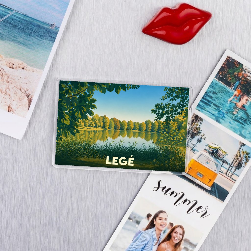 Magnet souvenir de la ville de Legé illustré par un paysage lacustre paisible et verdoyant.