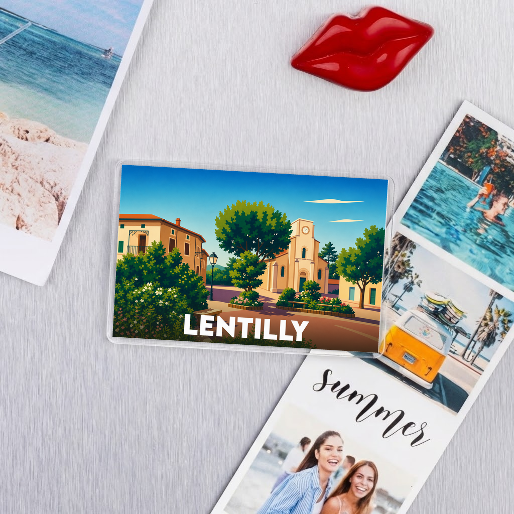 Magnet souvenir de la ville de Lentilly avec une illustration stylisée.