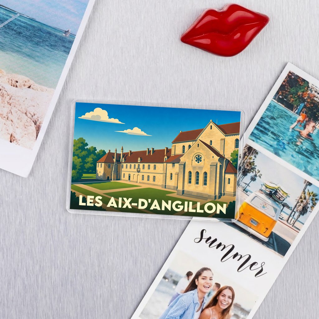 Magnet souvenir de la ville de Les Aix-d'Angillon avec une illustration stylisée de son église.