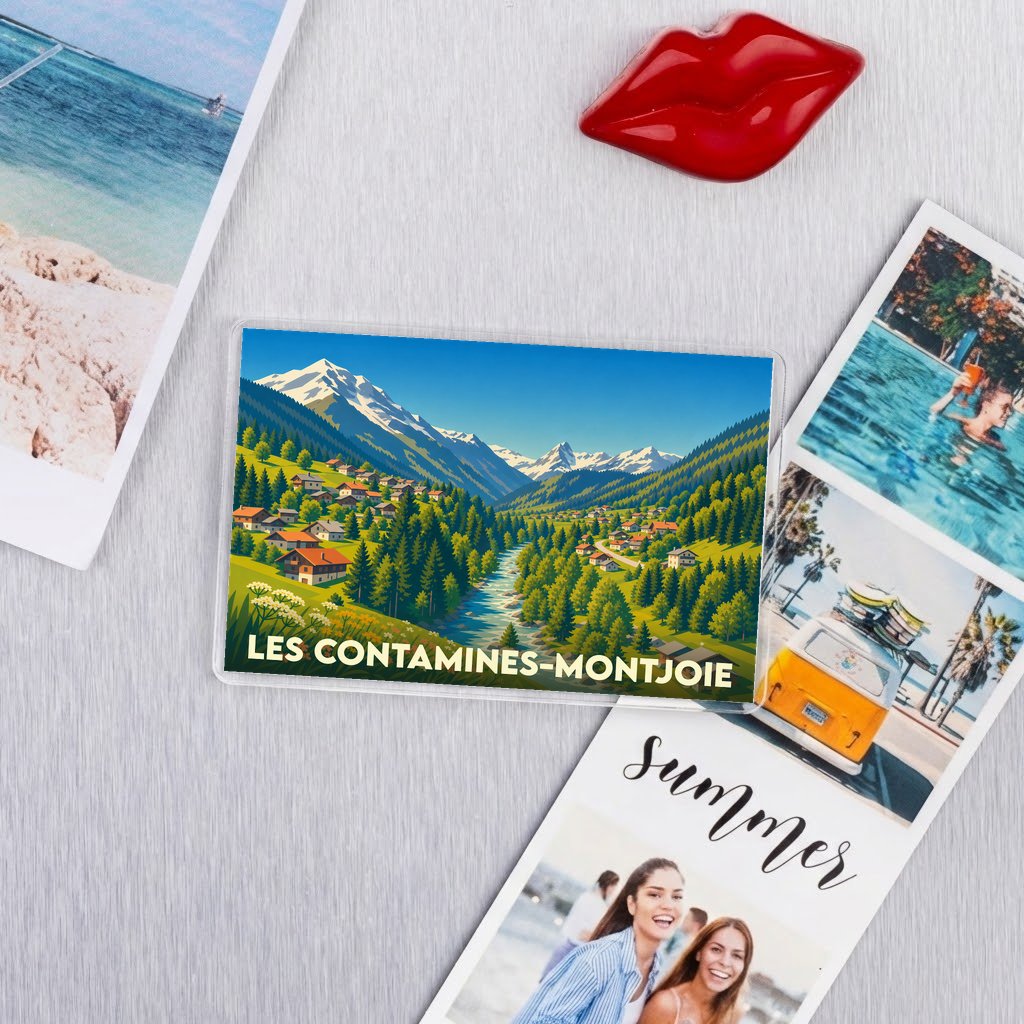 Magnet souvenir de la ville de Les Contamines-Montjoie avec une illustration de paysage montagnard.