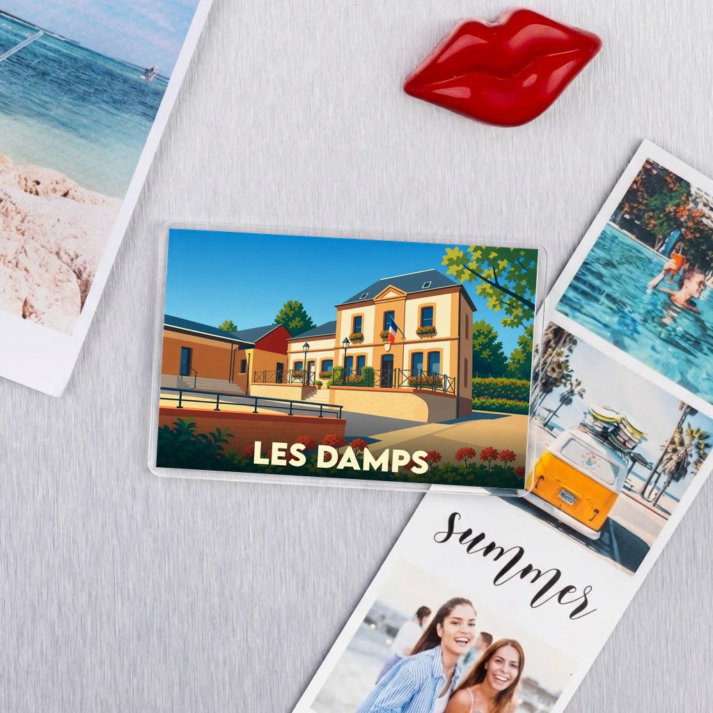 Magnet souvenir de la ville de Les Damps avec une illustration stylisée de sa mairie.