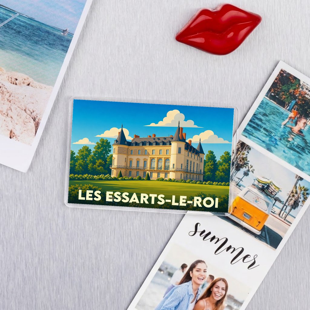 Magnet souvenir de la ville de Les Essarts-le-Roi avec une illustration stylisée de son château.