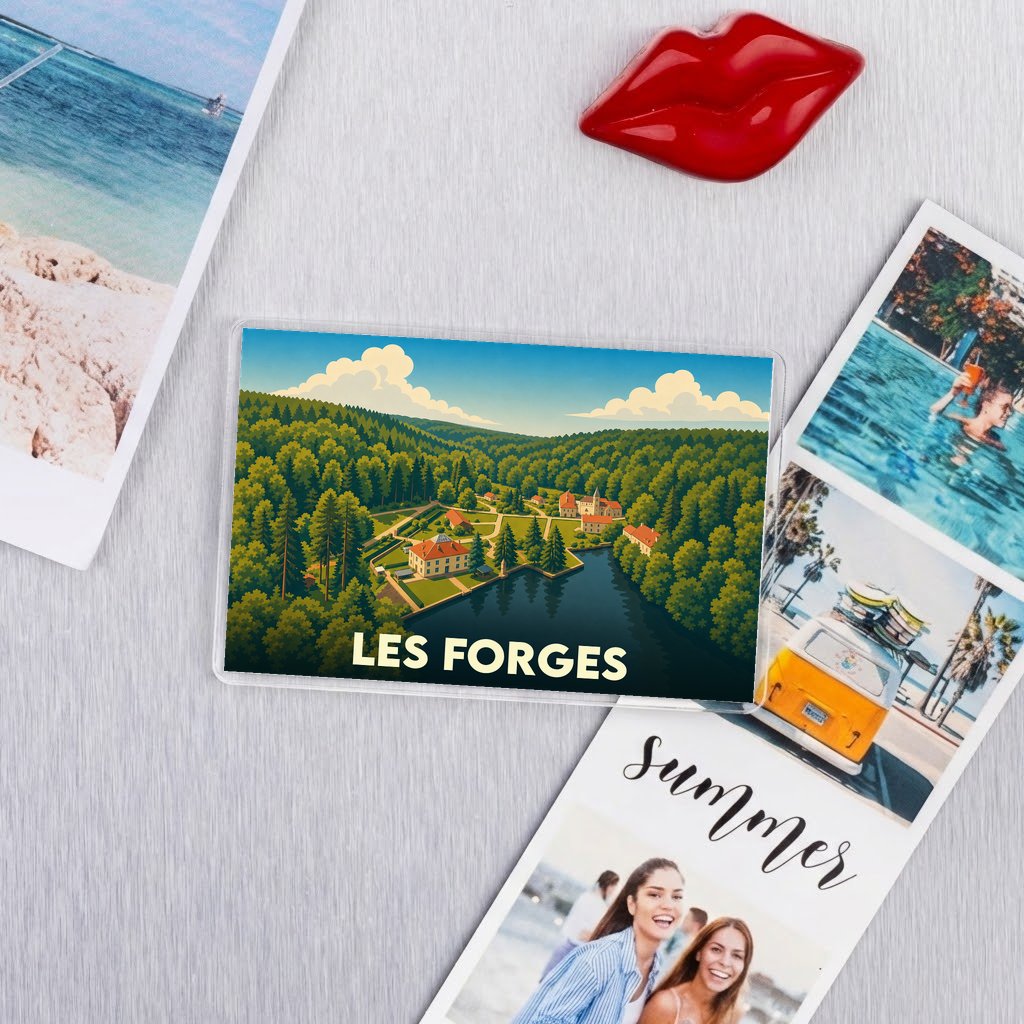 Magnet souvenir de la ville de Les Forges avec une illustration stylisée de paysages boisés et de bâtiments anciens.