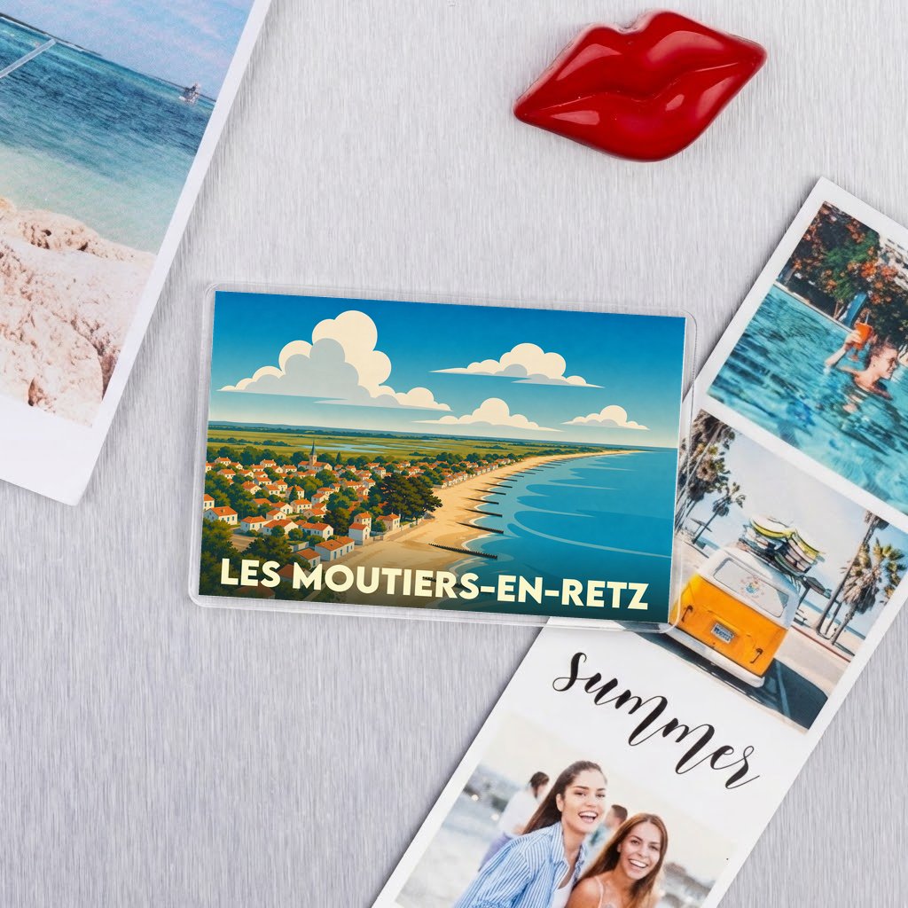 Magnet souvenir de la ville de Les Moutiers-en-Retz avec une illustration stylisée du littoral.