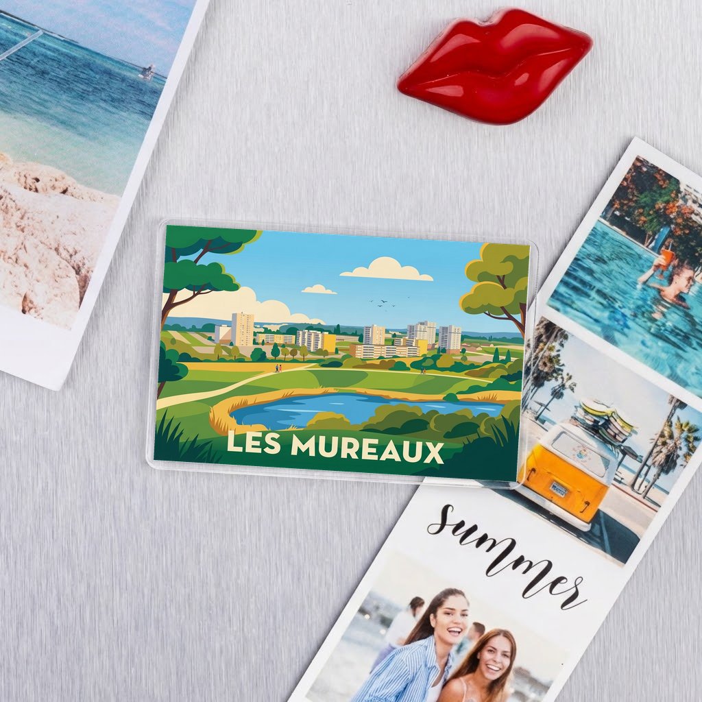 Magnet souvenir de la ville de Les Mureaux avec une illustration stylisée.
