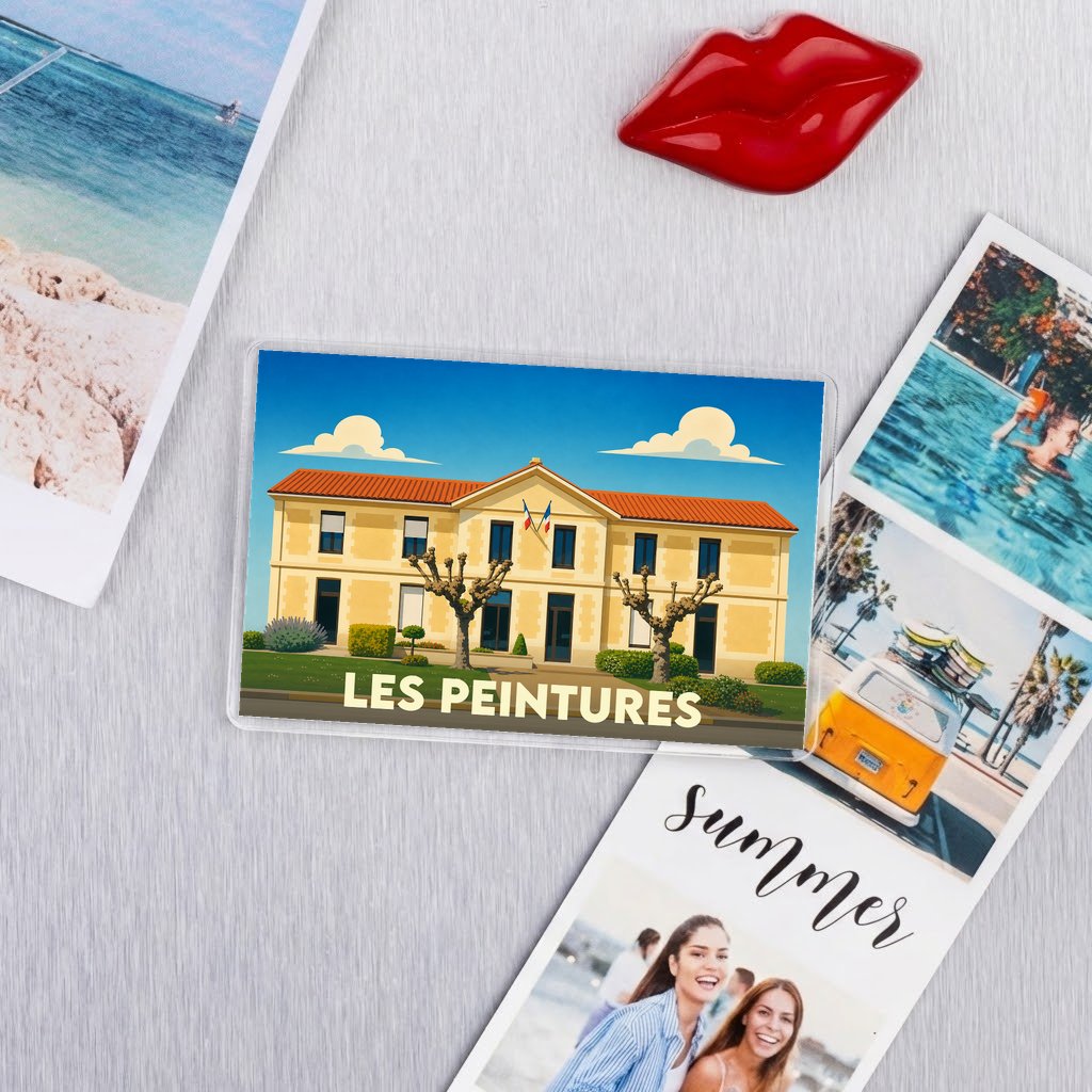 Magnet souvenir de la ville de Les Peintures avec une illustration stylisée de sa mairie.