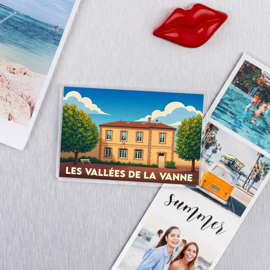 Magnet souvenir de la ville de Les Vallées de la Vanne avec une illustration stylisée d'un bâtiment communal.