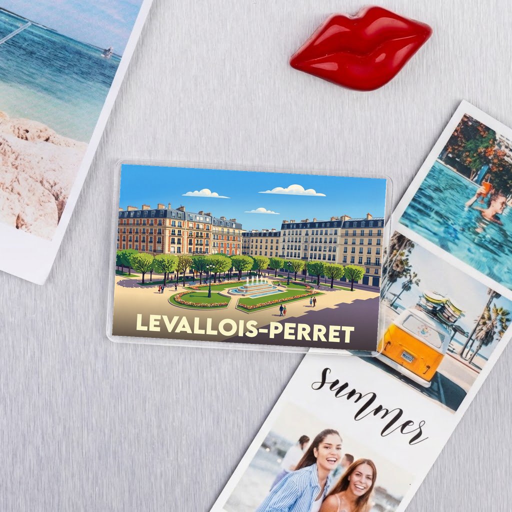 Magnet souvenir de la ville de Levallois-Perret avec une illustration stylisée.
