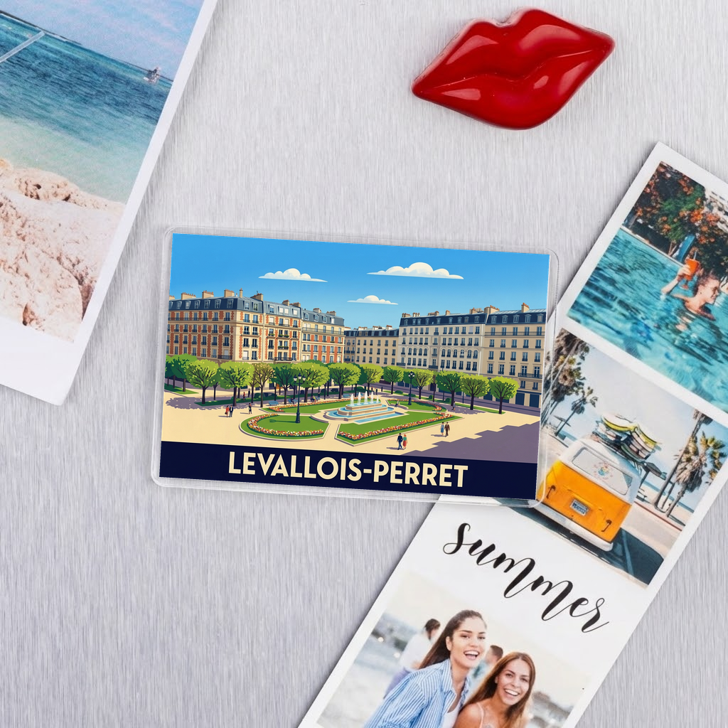 Magnet souvenir de la ville de Levallois-Perret avec une illustration stylisée.