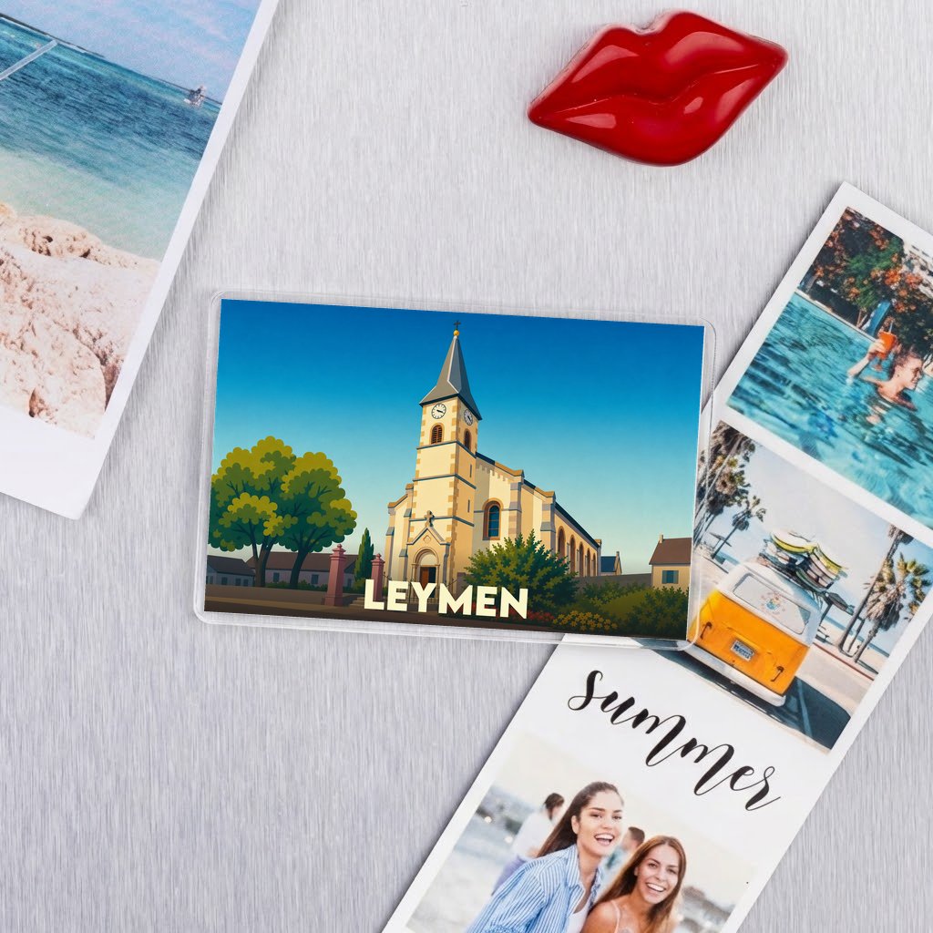 Magnet souvenir de la ville de Leymen avec une illustration stylisée de son église.