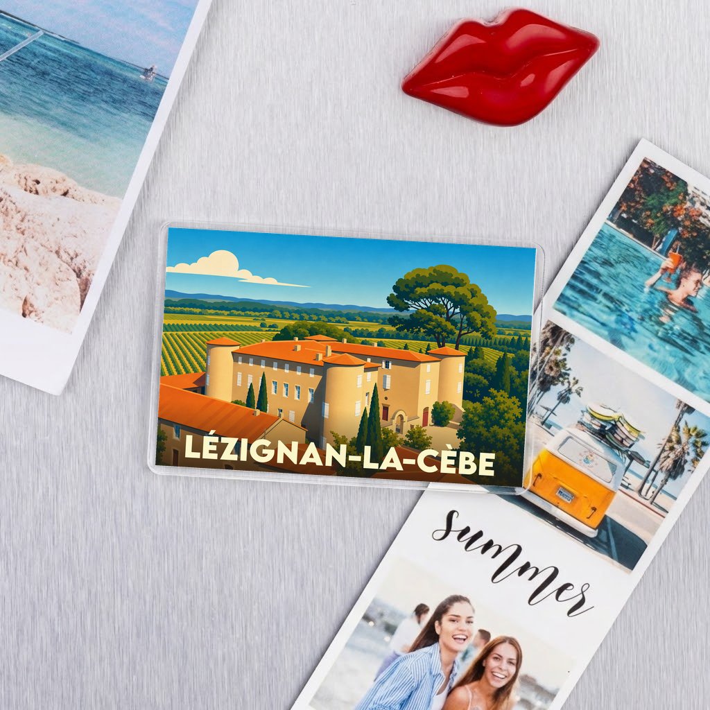 Magnet souvenir de la ville de Lézignan-la-Cèbe avec une illustration stylisée.