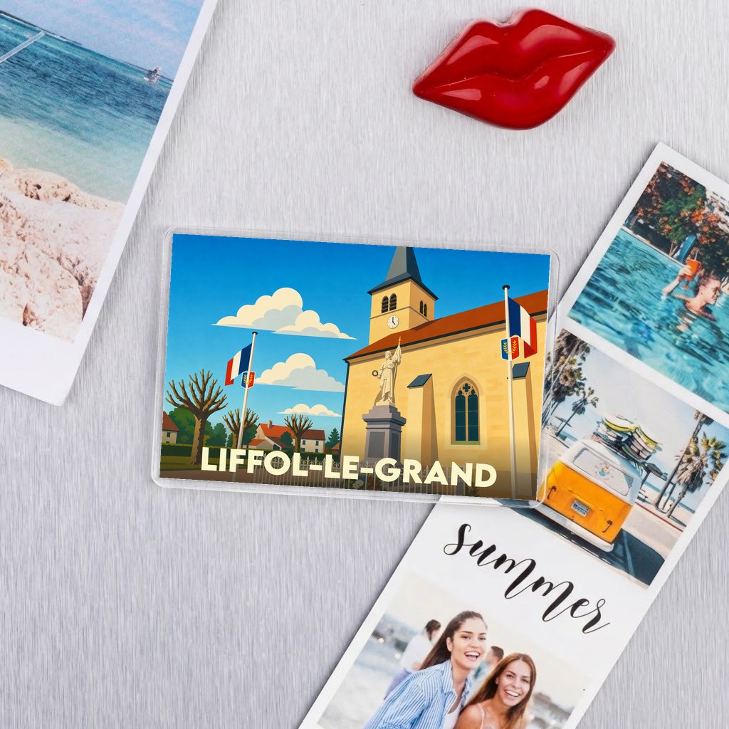 Magnet souvenir de la ville de Liffol-le-Grand avec une illustration stylisée.