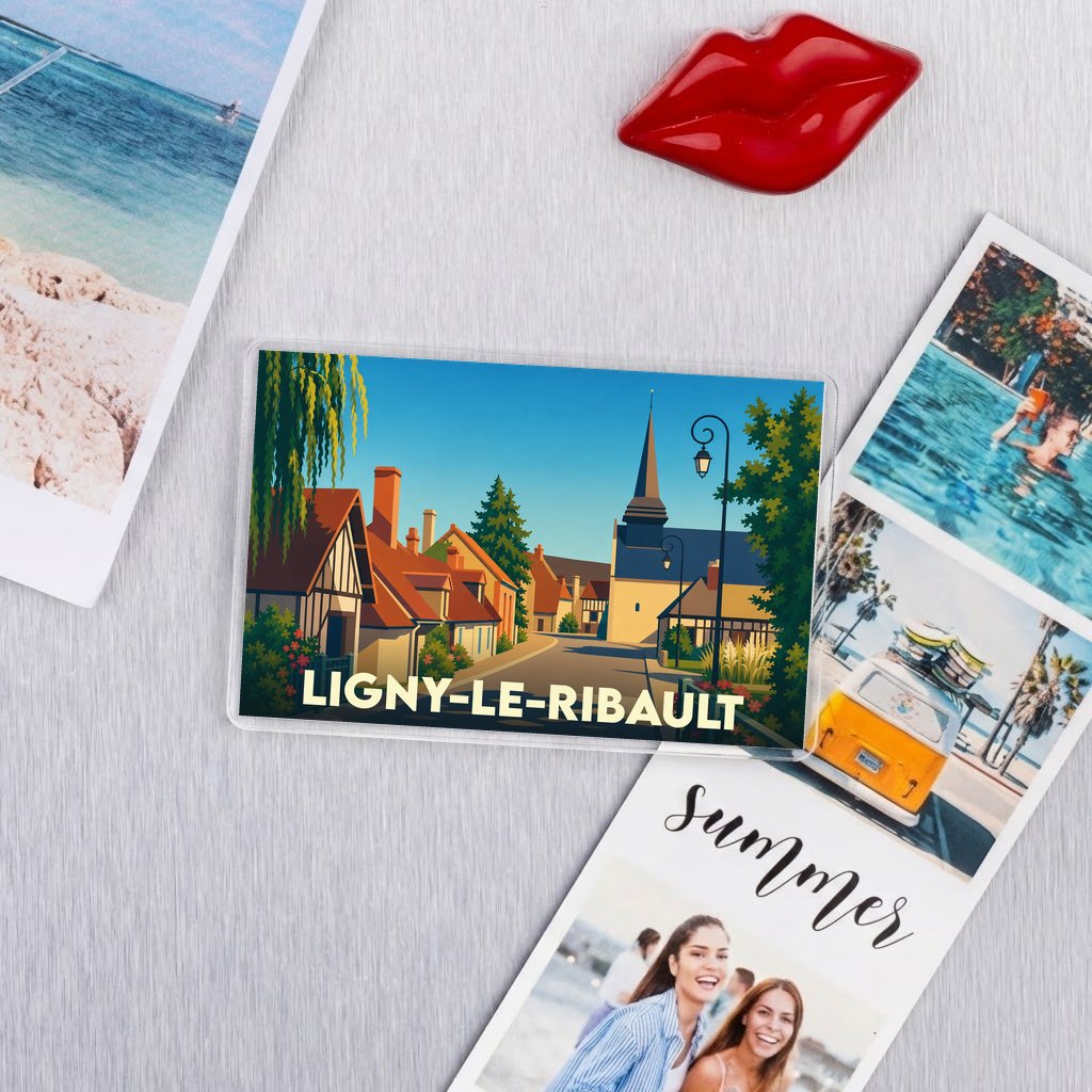 Magnet souvenir de la ville de Ligny-le-Ribault avec une illustration stylisée.