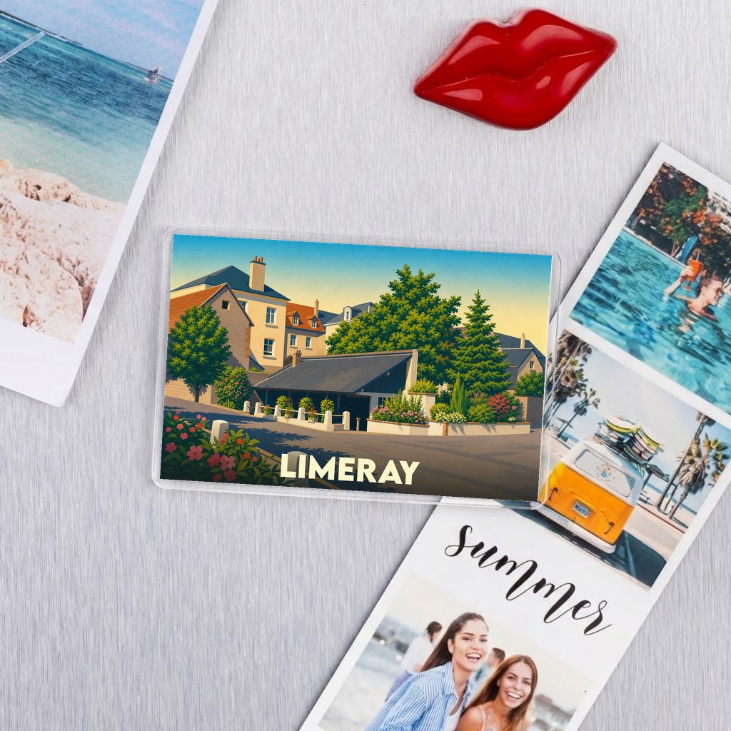 Magnet souvenir de la ville de Limeray avec une illustration stylisée.